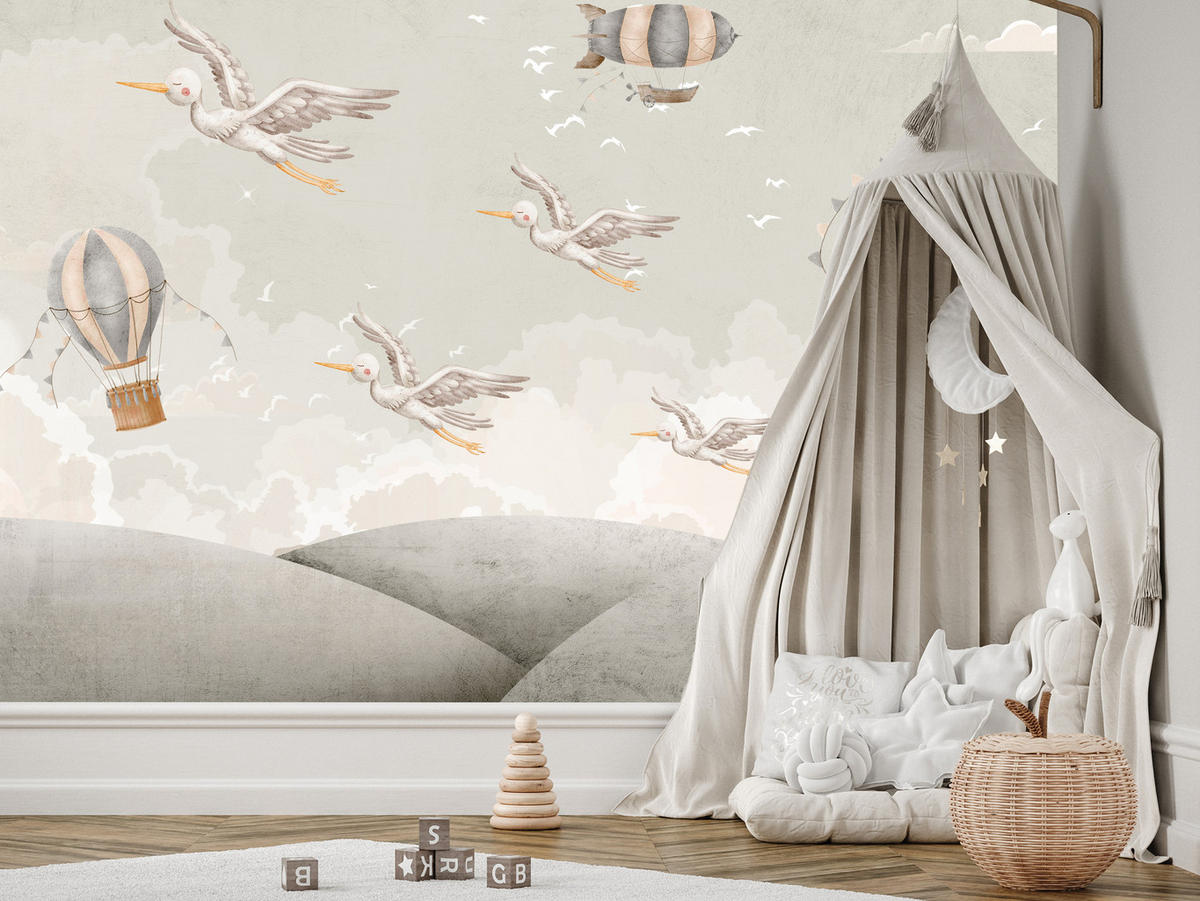 FOTOTAPETE für Kinderzimmer Boho Störche Aquarell Balon Luftschiff Himmel 450x315 - Beige/Weiß, Papier (450/315cm) - Muralo