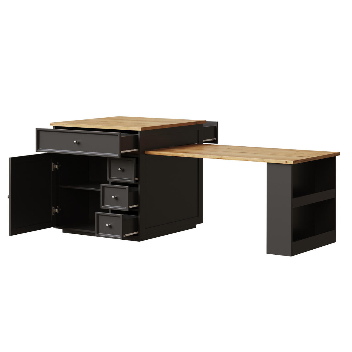 KÜCHENINSEL Ausziehbar Schubladen Rollen Holzoptik Schwarz - Schwarz, Holzwerkstoff (184/94/70cm) - FLIEKS