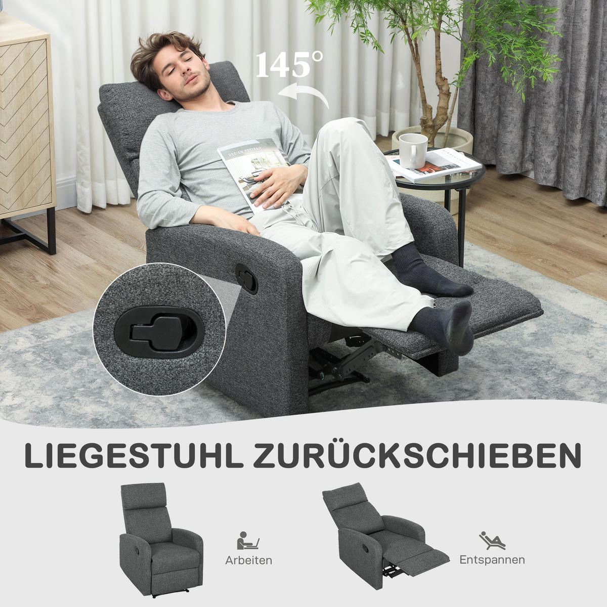 RELAXSESSEL Polyester Grau - Grau, Textil/Metall (63/98/91cm) - HOMCOM
