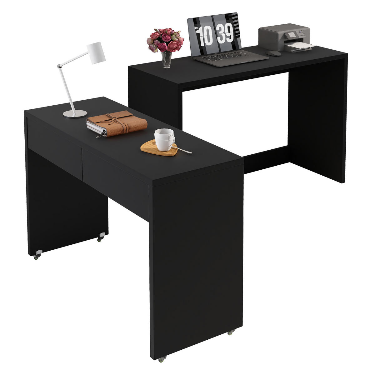 SCHREIBTISCH 2-in-1 Kommode ausziehbar Rollen Holz 1,8 cm modern - Schwarz, Holzwerkstoff (110/40/78cm) - FLIEKS