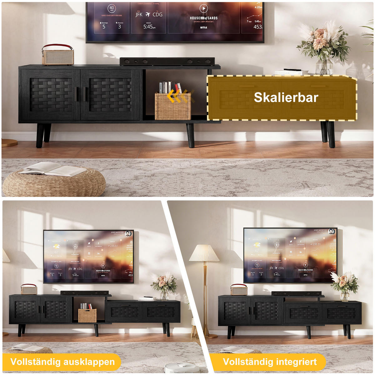 TV LOWBOARD ausziehbar 146–180 cm 2 Türen 2 Schubladen schwarz - Schwarz, Holz (180/44/29.8cm) - LEBENLANG