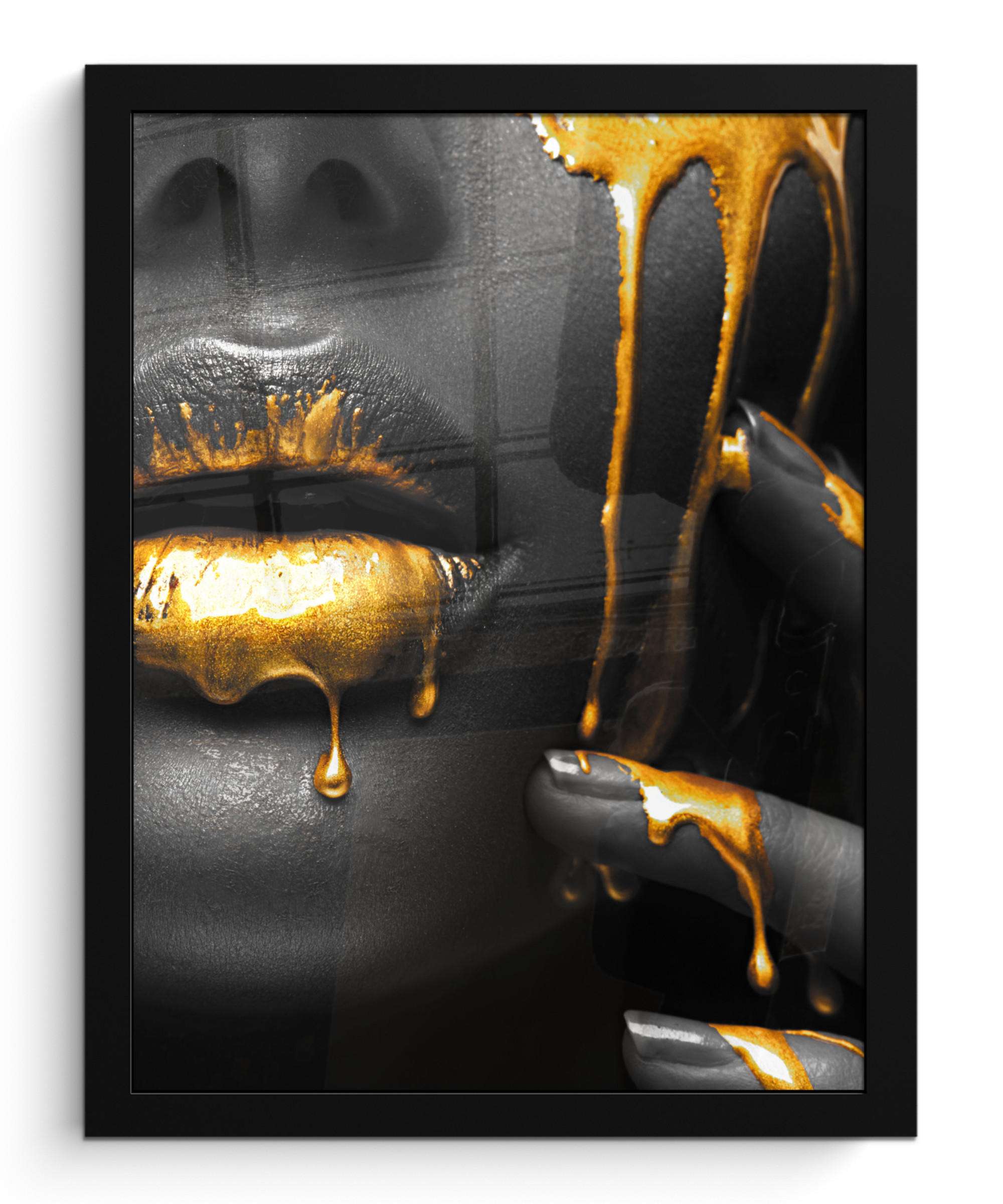GERAHMTES BILD Frau - Schwarz - Gold - Gesicht - Lippen 30x40 cm - Goldfarben, Papier (30/40cm) - MuchoWow
