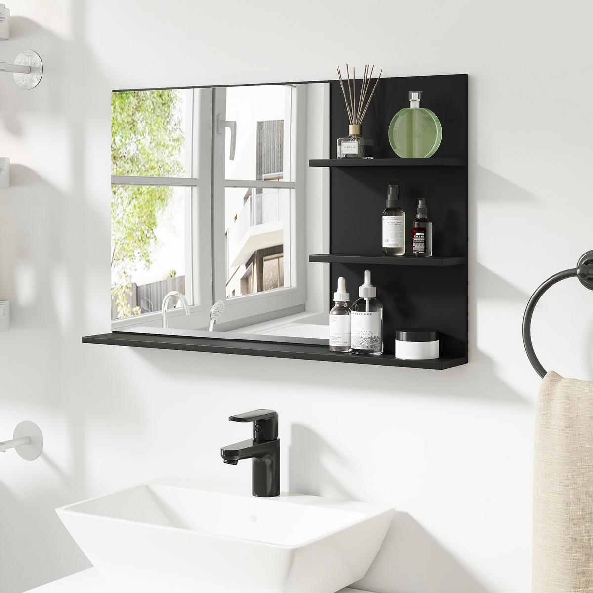 BADEZIMMERSPIEGEL mit zwei seitlichen Ablagen und einer unteren Ablage,, 75 x 10 x 48 cm ,Schwarz - Schwarz, Glas (10/48/75cm) - Vallsero