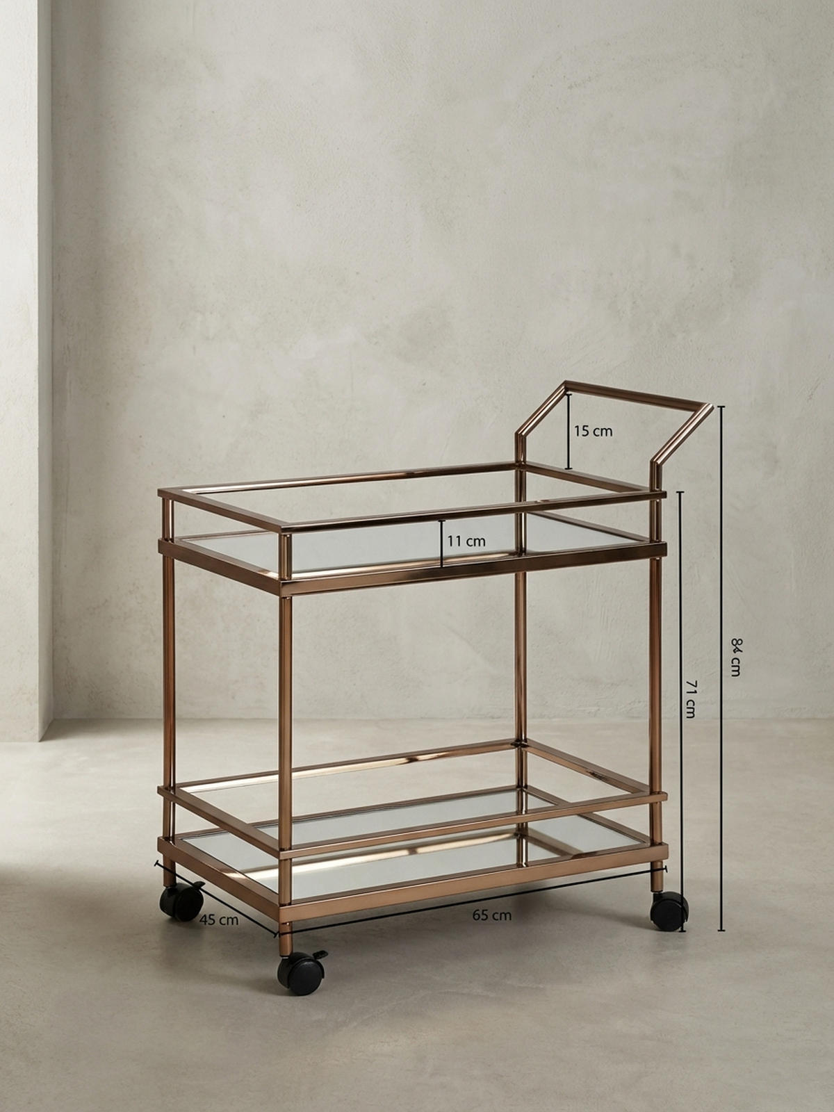 SERVIERWAGEN – Gold, Verspiegeltes Glas, auf Rollen - Goldfarben, Glas/Metall (65/84/45cm) - KADIMA DESIGN