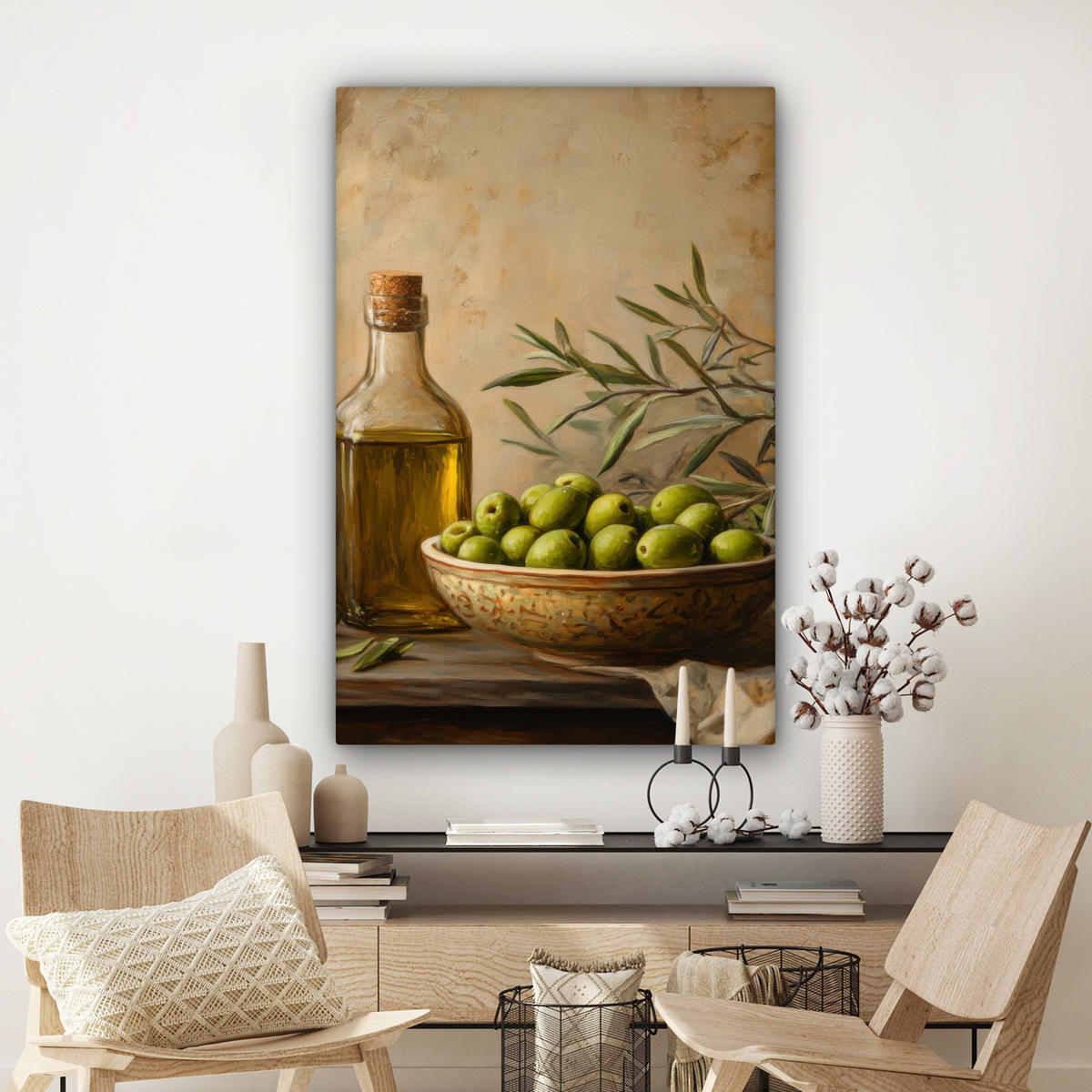 LEINWANDBILD Oliven - Stilleben - Vintage Deko XXL 80x120 cm - Olivgrün, Textil (80/120cm) - MuchoWow