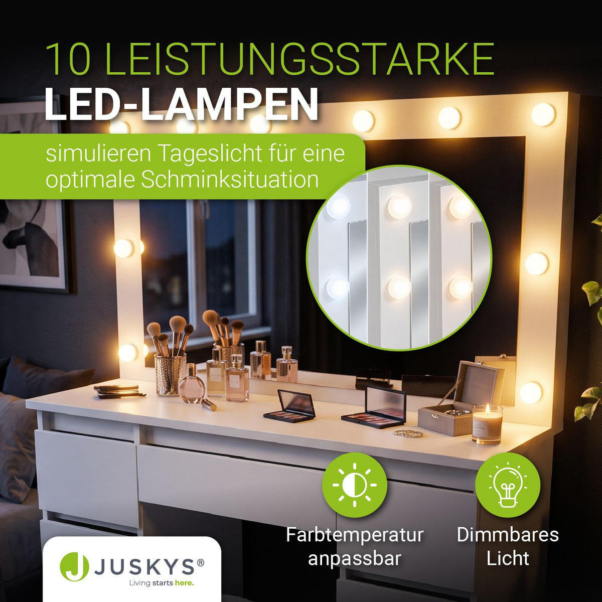 SCHMINKTISCH Lilia weiß mit LED-Beleuchtung - Weiß, Holz (108/140/41cm) - Juskys