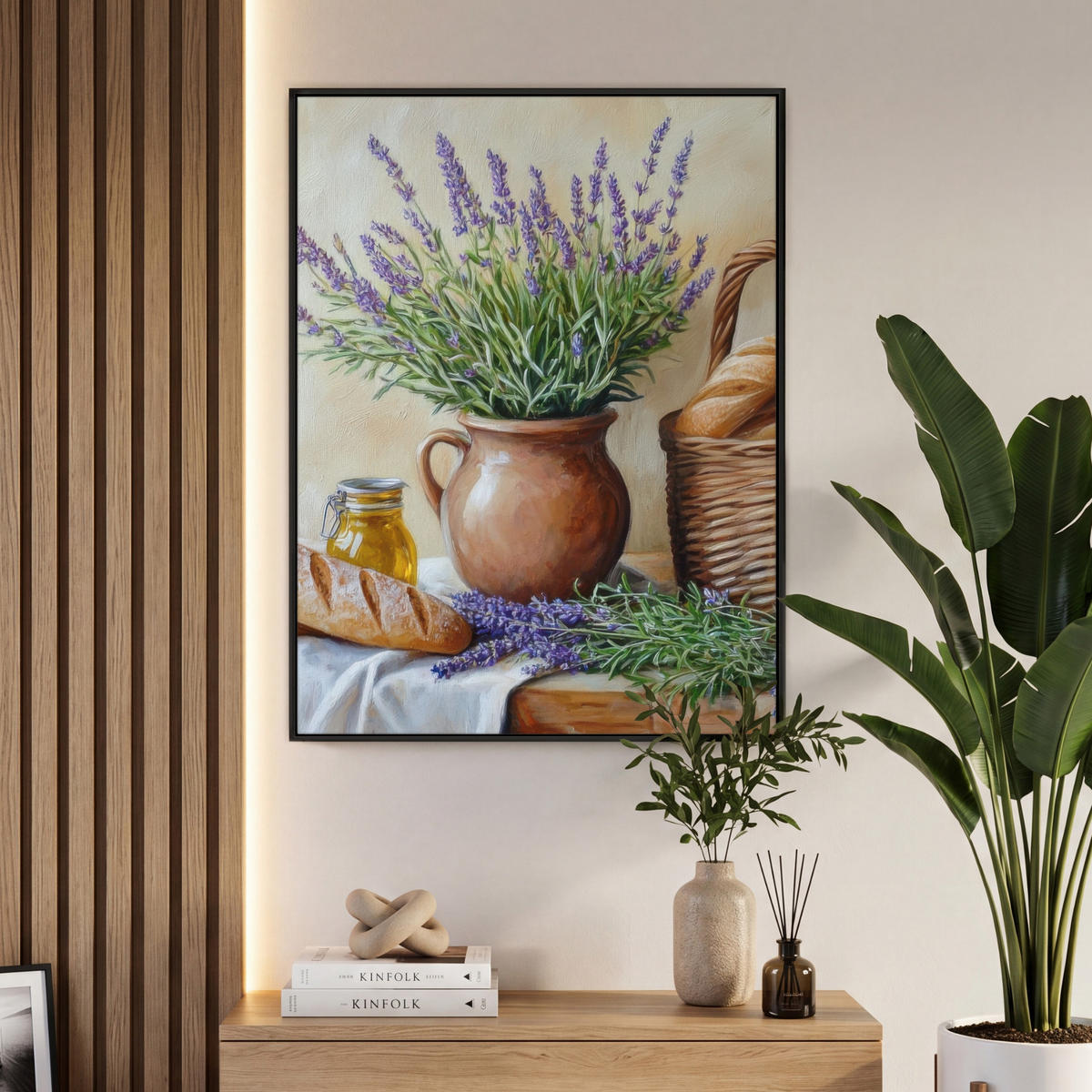 LEINWAND Bilder mit Rahmen - Lavendel - Brot - Stilleben - 70x100 - Flieder, Textil (70/100cm) - MuchoWow