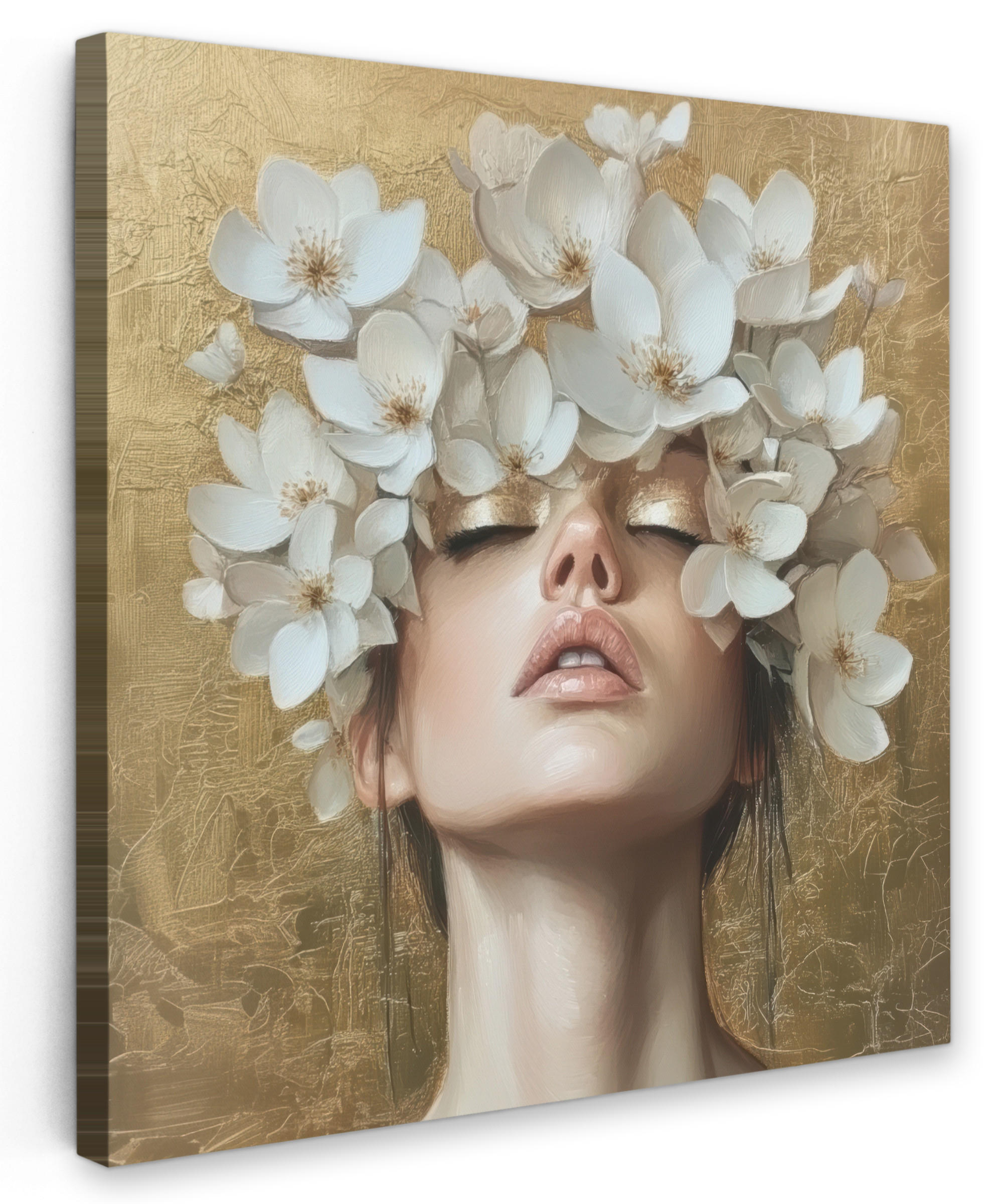 LEINWANDBILD Gesicht - Blumen - Gold - Abstrakt Deko Groß 90x90 cm - Goldfarben, Textil (90/90cm) - MuchoWow
