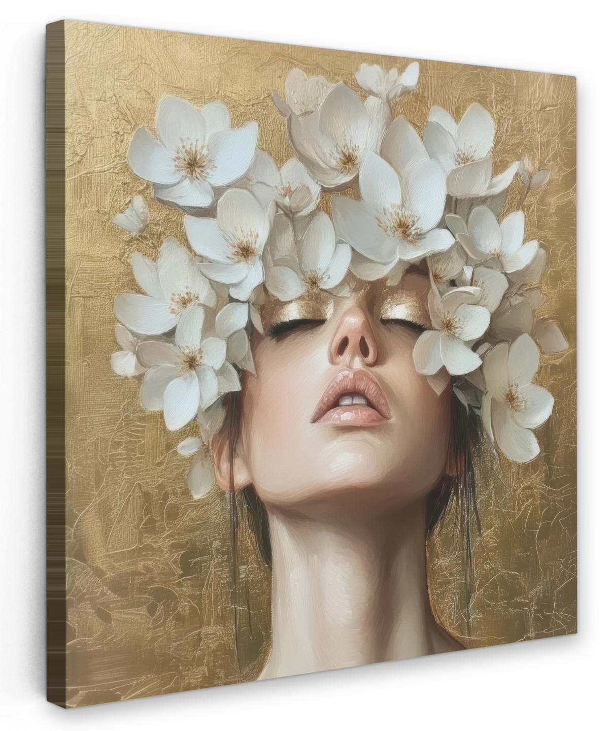 LEINWANDBILD Gesicht - Blumen - Gold - Abstrakt Deko Groß 90x90 cm - Goldfarben, Textil (90/90cm) - MuchoWow