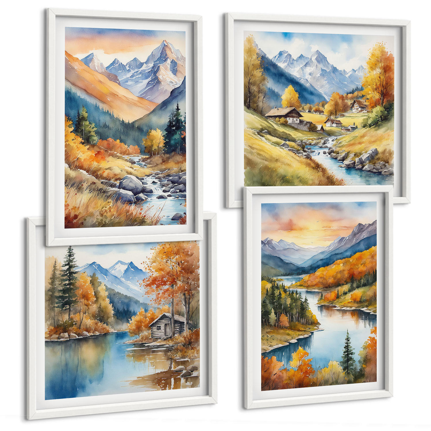BILDER SET 4er Set - 50x50 cm & 40x60 cm Weißer Rahmen - Berglandschaft mit einem Fluss - Weiß, Kunststoff (50/50cm) - TULUP