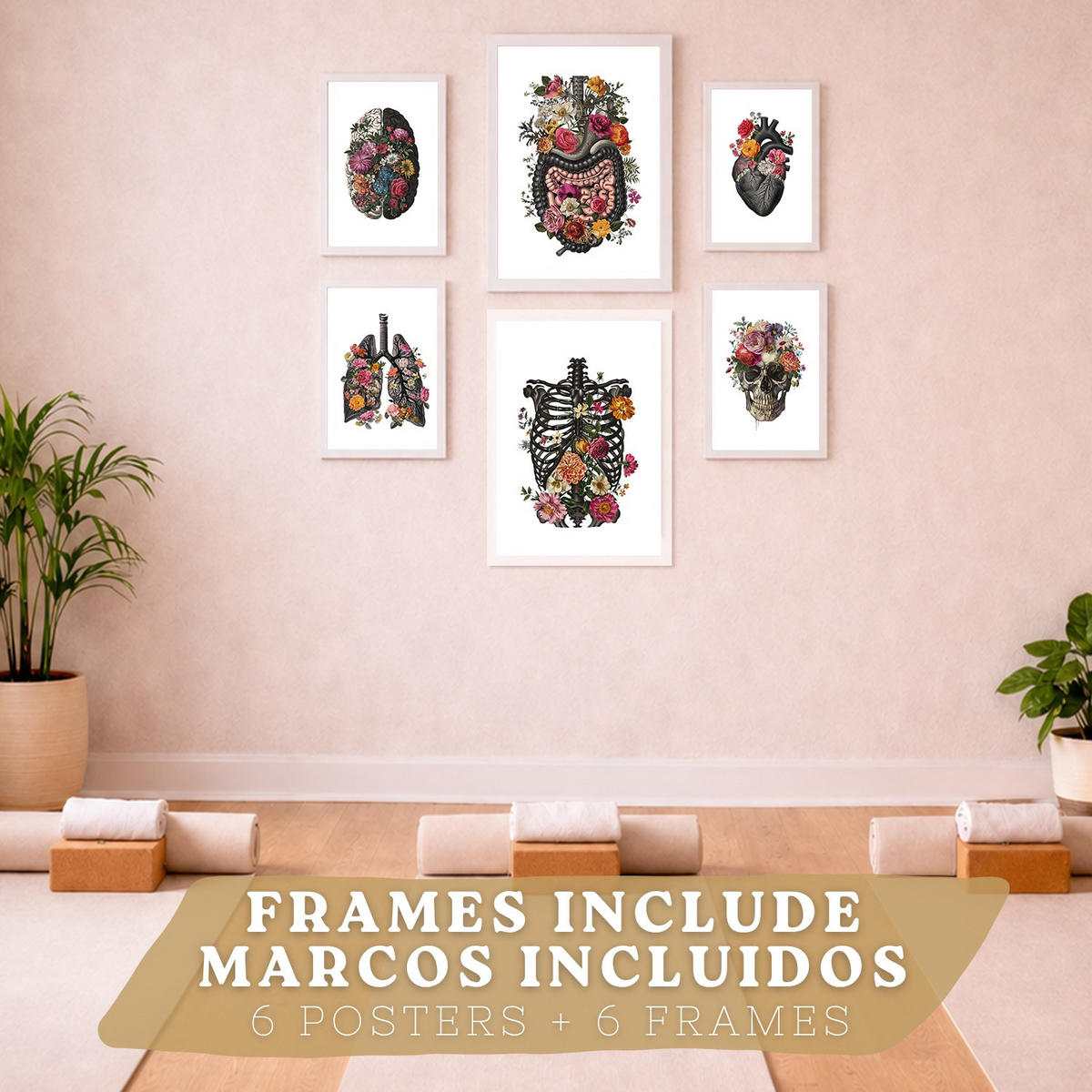POSTER Set aus 6 Botanische Anatomie Drucke mit Herz Lungen Wirbelsäule Becken und Rippen Beige Terrakotta Erdtöne Florales Weißer Rahmen A3 & A4 - Weiß, Papier (21/29.7/3cm) - Nacnic