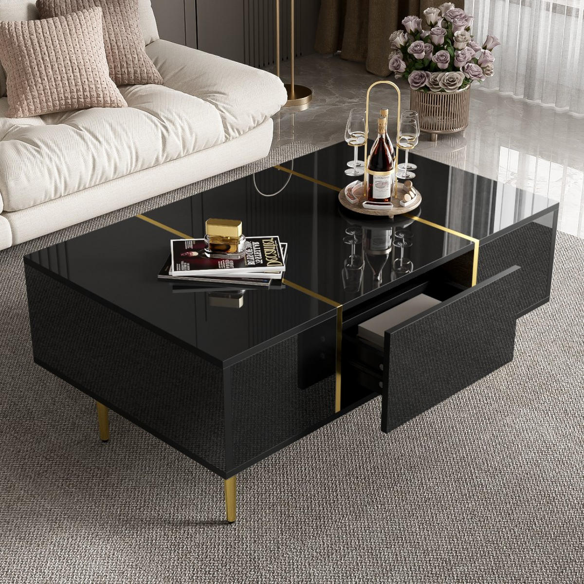COUCHTISCH in Schwarz mit 2 Schubladen und Hochglanz - Schwarz, Holz (100/60/41.5cm) - KOMHTOM