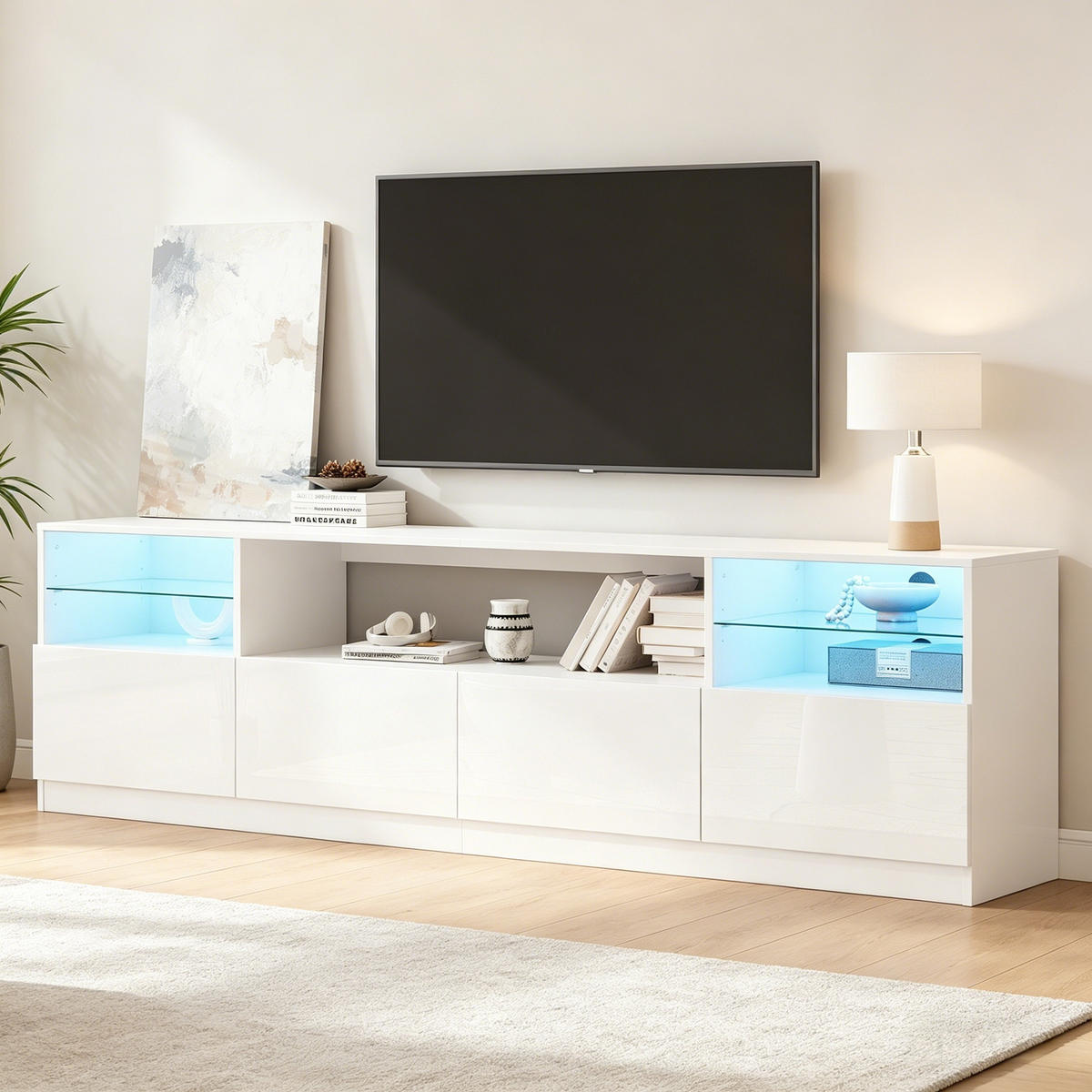 TV-SCHRANK LED Beleuchtung Hochglanz 4 Türen 8 Fächer 75 Zoll Weiß - Weiß, Holzwerkstoff (180/60/35cm) - FLIEKS