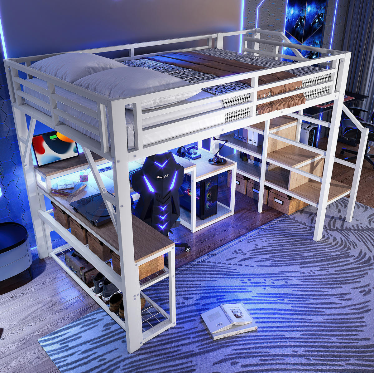 HOCHBETT 140/200 cm weiß aus Metall mit Schreibtisch, LED und USB - Weiß, Metall (140/200cm) - OKWISH
