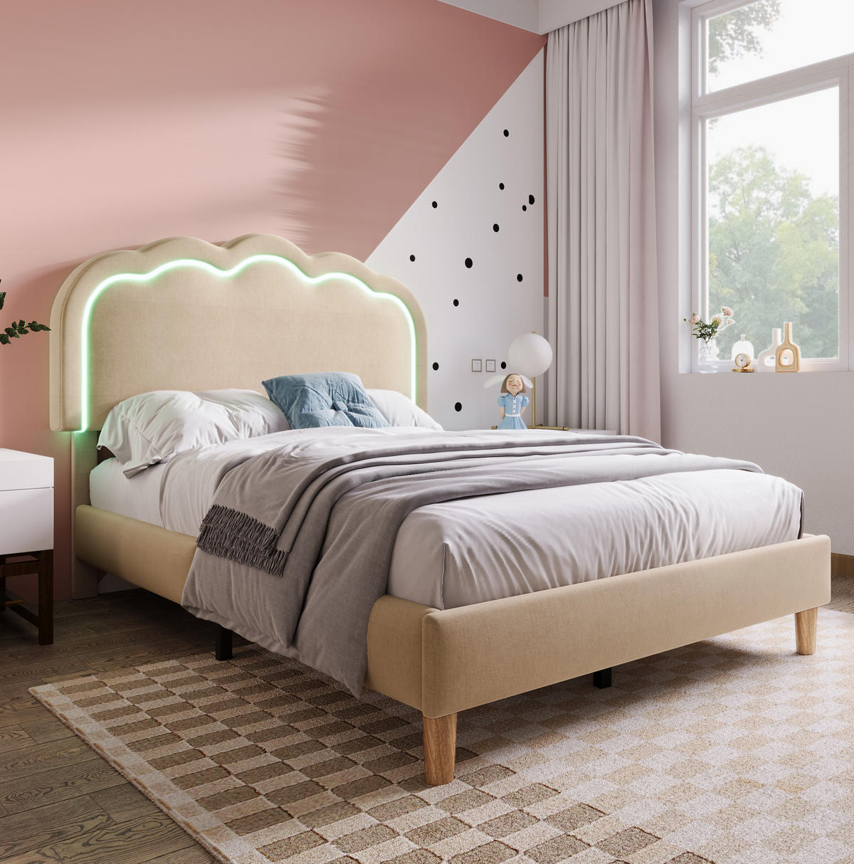 POLSTERBETT aus Leinen 90x200 cm Beige mit LED-Beleuchtung und verstellbarem Kopfteil - Beige, Textil (90/200cm) - IVMEU