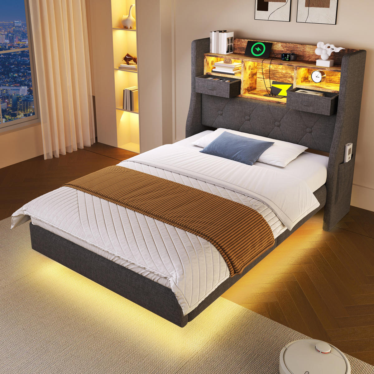 BETT mit LED und Ladestation 90x200 cm Leinen Grau - Grau, Holz (90/200cm) - Meubliv