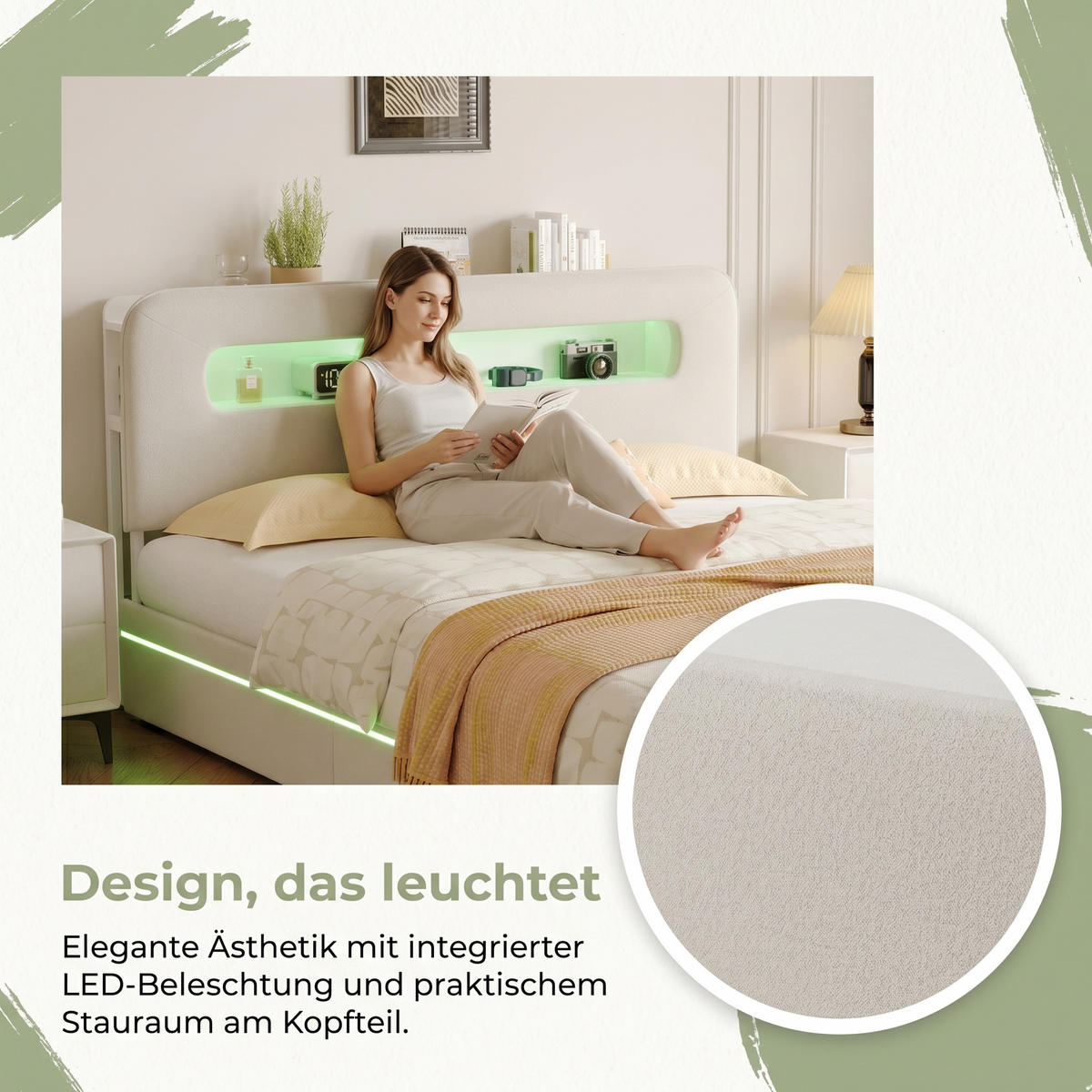 STAURAUMBETT 140x200 cm, Polsterbett mit Stauraum Kopfteil, LED-Beleuchtung - Beige, Holz (140/200cm) - PARAFTA HOME