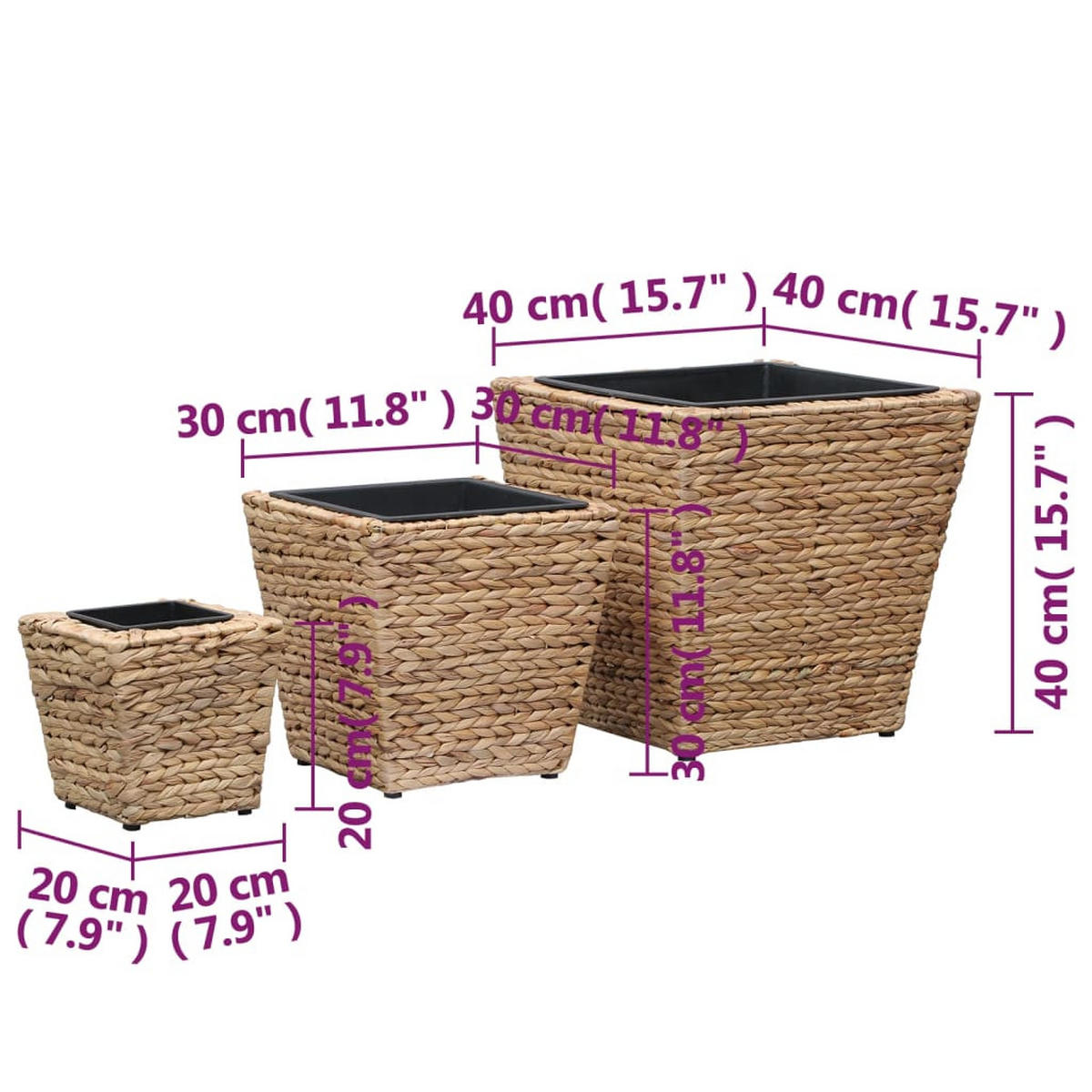 BLUMENKÜBEL 3er set Wasserhyazinthe - Braun, Naturmaterialen (40/40/40cm) - vidaXL
