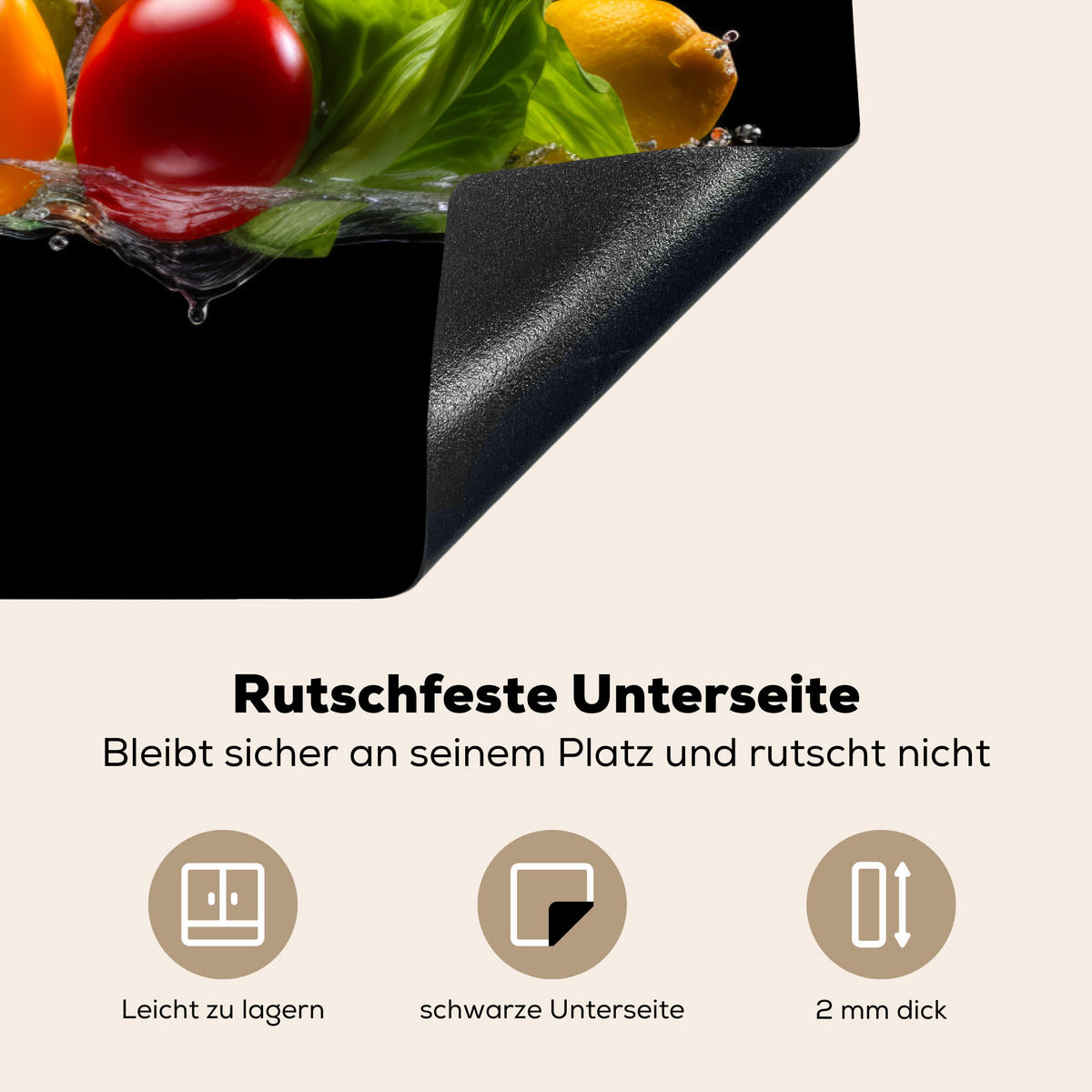 HERDABDECKPLATTE Paprika - Wasser - Gemüse - Schwarz Ceranfeldabdeckung 80x52 cm - Multicolor, Kunststoff (80/52/0.2cm) - MuchoWow