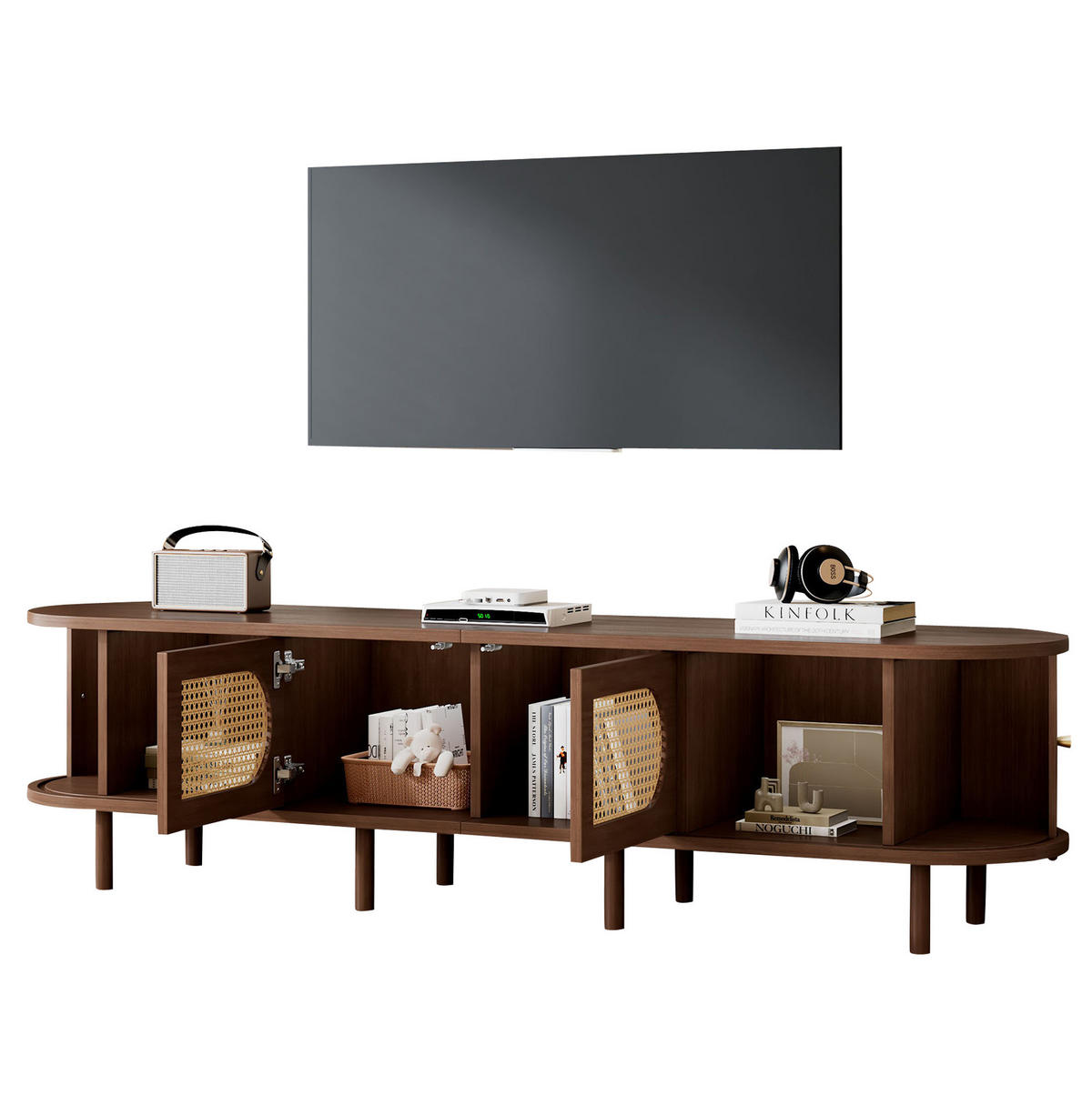 TV stolek z MDF 180x40x40 cm tmavý dub se 2 dvířky, 2 roletovými dvířky a ratanovým dekorem - hnědá, kompozitní dřevo (180/40/40cm) - Modfu