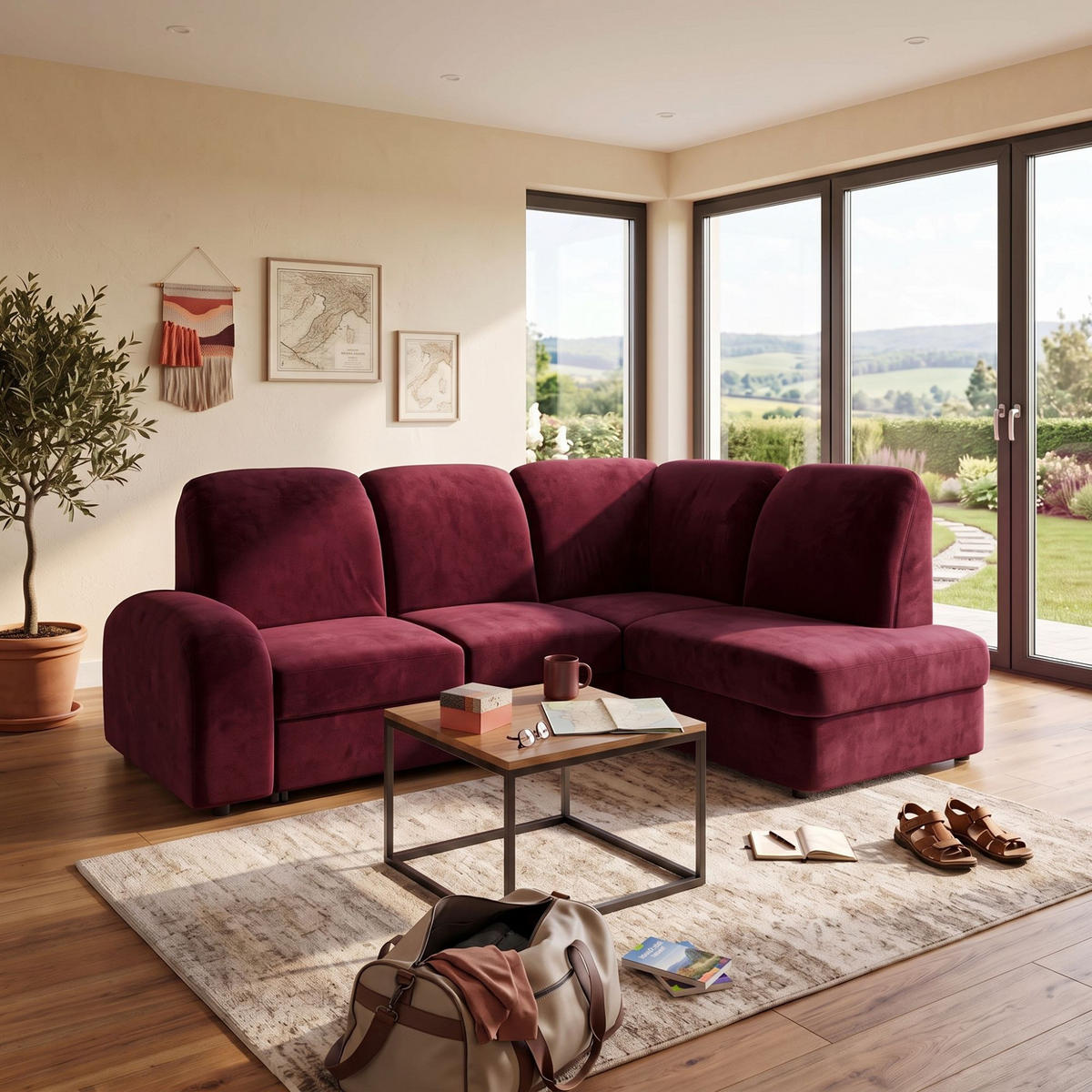 ECKSOFA VIBE L Rechts mit Schlaffunktion 129x205 Chenille Bordeaux - Bordeaux/Schwarz, Holz/Kunststoff (250/186cm) - Muffo