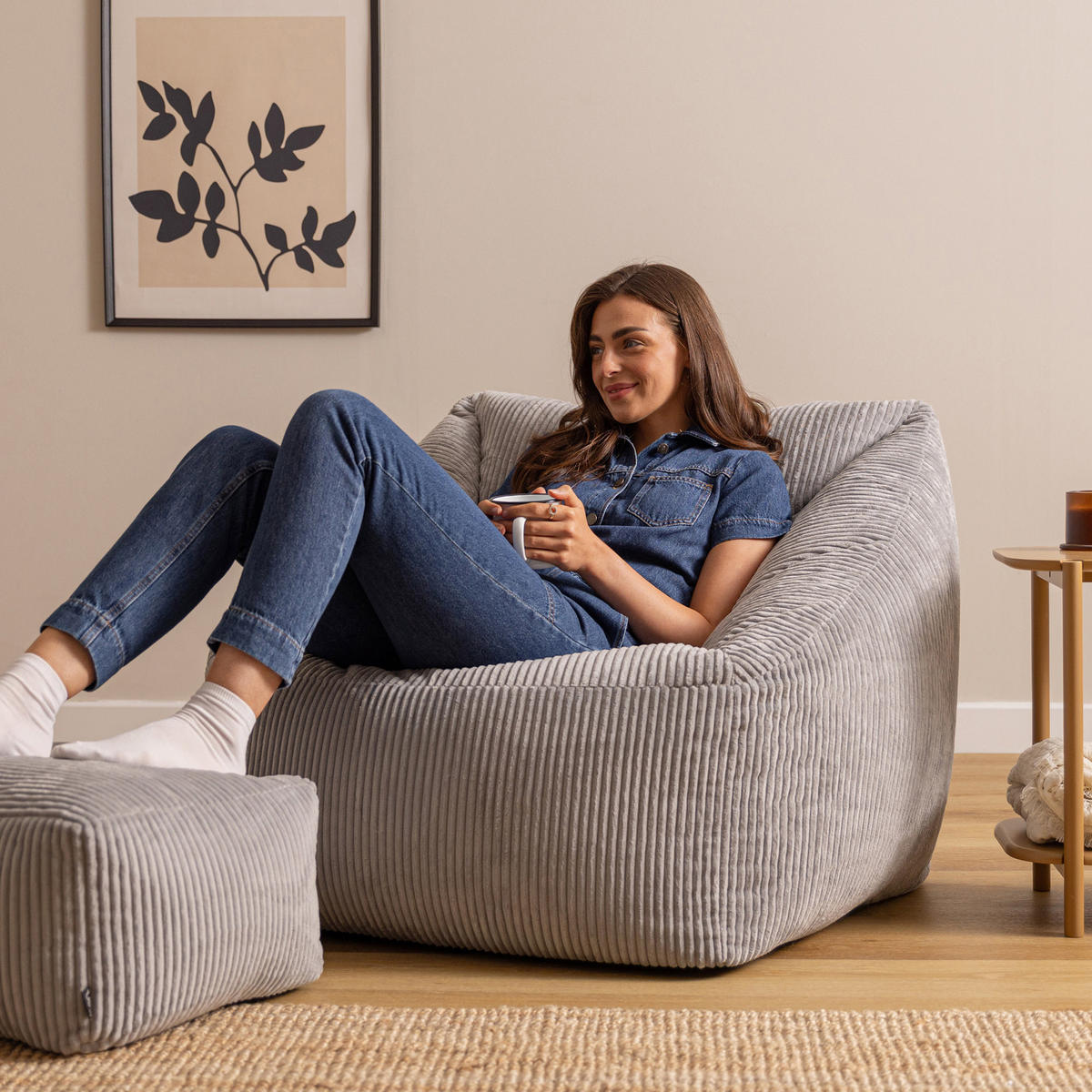 SITZSACK Cord Sessel Natalia mit Hocker - Hellgrau/Grau, Textil (97/73/84cm) - icon