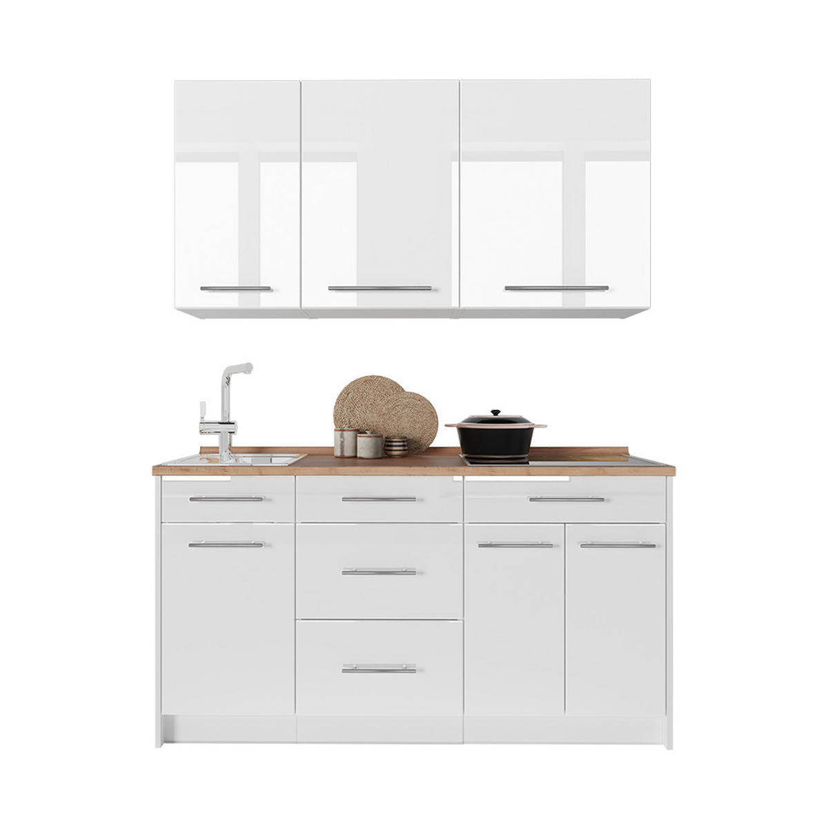 SINGLEKÜCHE Fame-Line, Weiß Hochglanz/Weiß, 150 cm ohne Arbeitsplatte - Weiß Hochglanz/Weiß, Holzwerkstoff (150/82/51.6cm) - Vicco