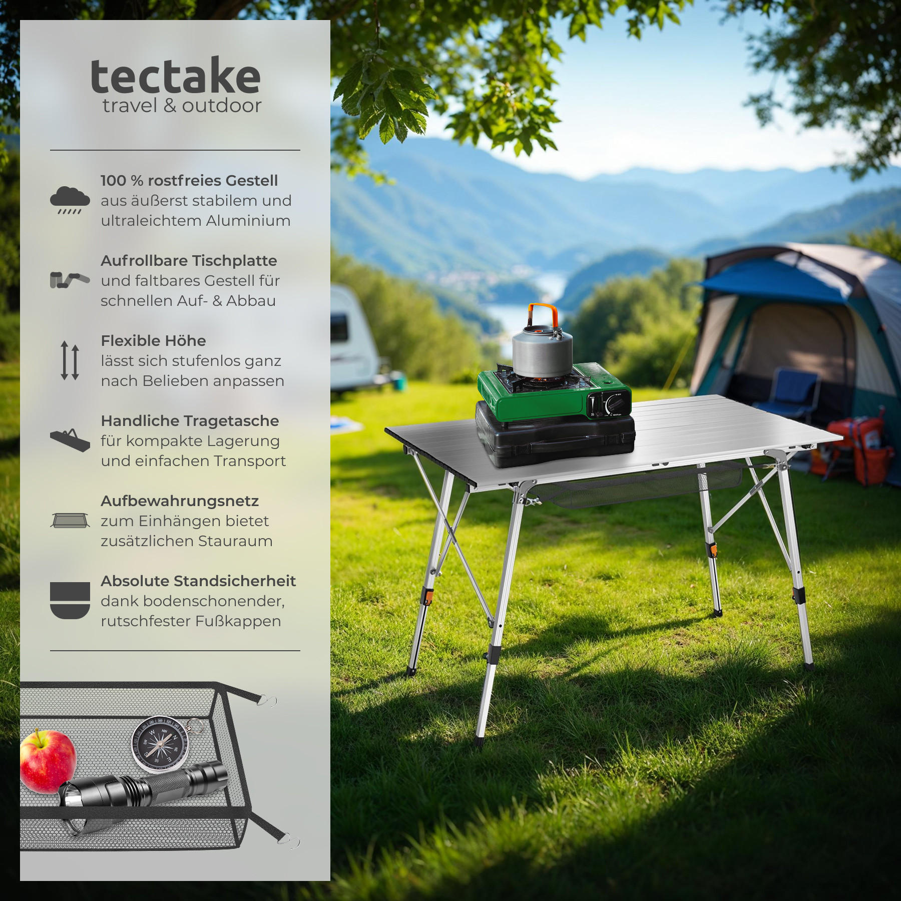 CAMPINGTISCH Bastian,120 x 70,5 x 58 – 79 cm,silber - Silberfarben, Metall (120/70.5/79cm) - tectake