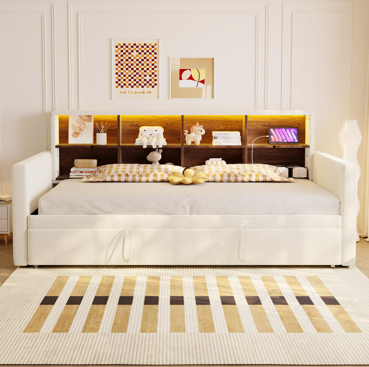 POLSTERBETT 90/180×190 cm Beige mit LED-Beleuchtung und USB- und Type-C-Anschlüssen - Beige, Textil (90/190cm) - Flora Grace
