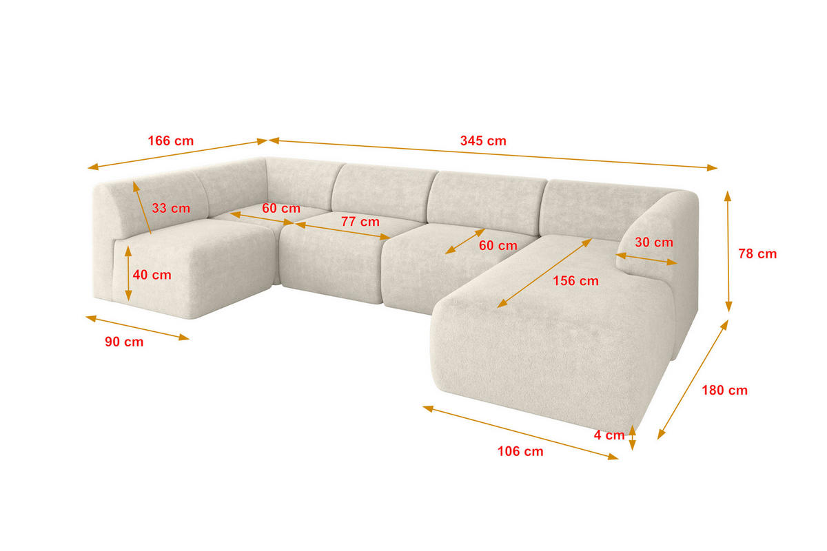 WOHNLANDSCHAFT Ottomane Rechts MOVO-L 345x180x78 cm Hellbeige Tissu - Sandfarben, Holzwerkstoff/Kunststoff (180/78/345cm) - ALTDECOR