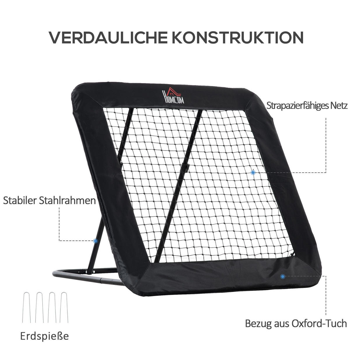 FUSSBALL REBOUNDER, Stahl, Schwarz, 128 x 118 x 108-120 cm - Schwarz, Metall (118/128cm) - HOMCOM