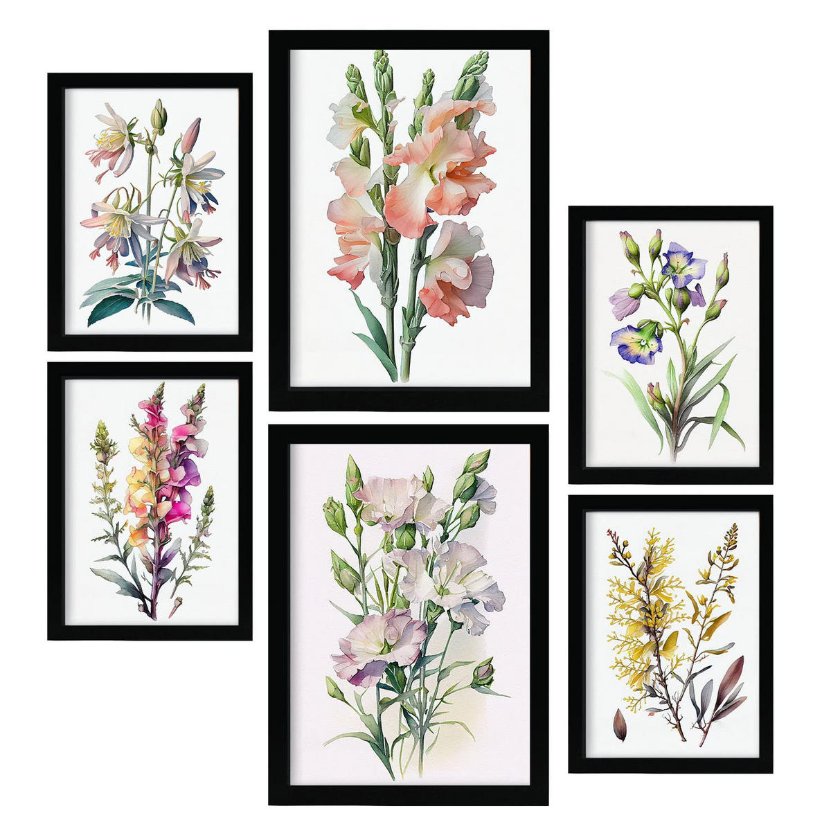 POSTER Set Mit 6 Wildblume Größe A3 & A4 Schwarzer Rahmen - Schwarz, Papier (29.7/1cm) - Nacnic