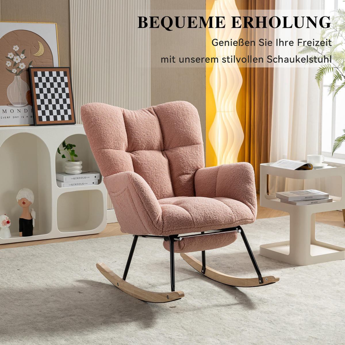 SCHAUKELSTUHL Teddy-Stoff mit klappbarer Fußablage 80/98/98.5 cm Rosa - Rosa, Textil (98/98.5/80cm) - Redom