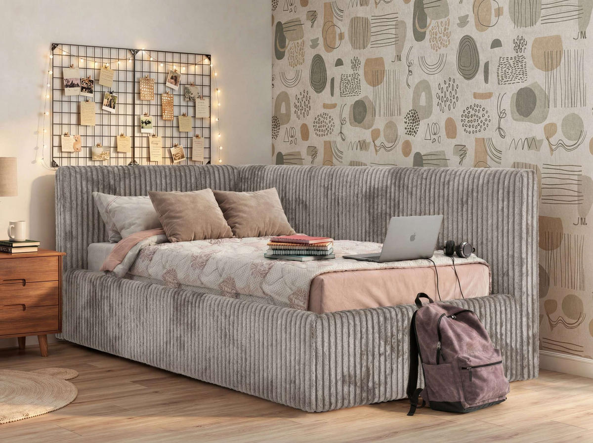 POLSTERBETT TILVO 90/200 - Hellbraun Cord - Taschenfederkernmatratze - Links - Hellbraun, Textil (90/200cm) - MKS