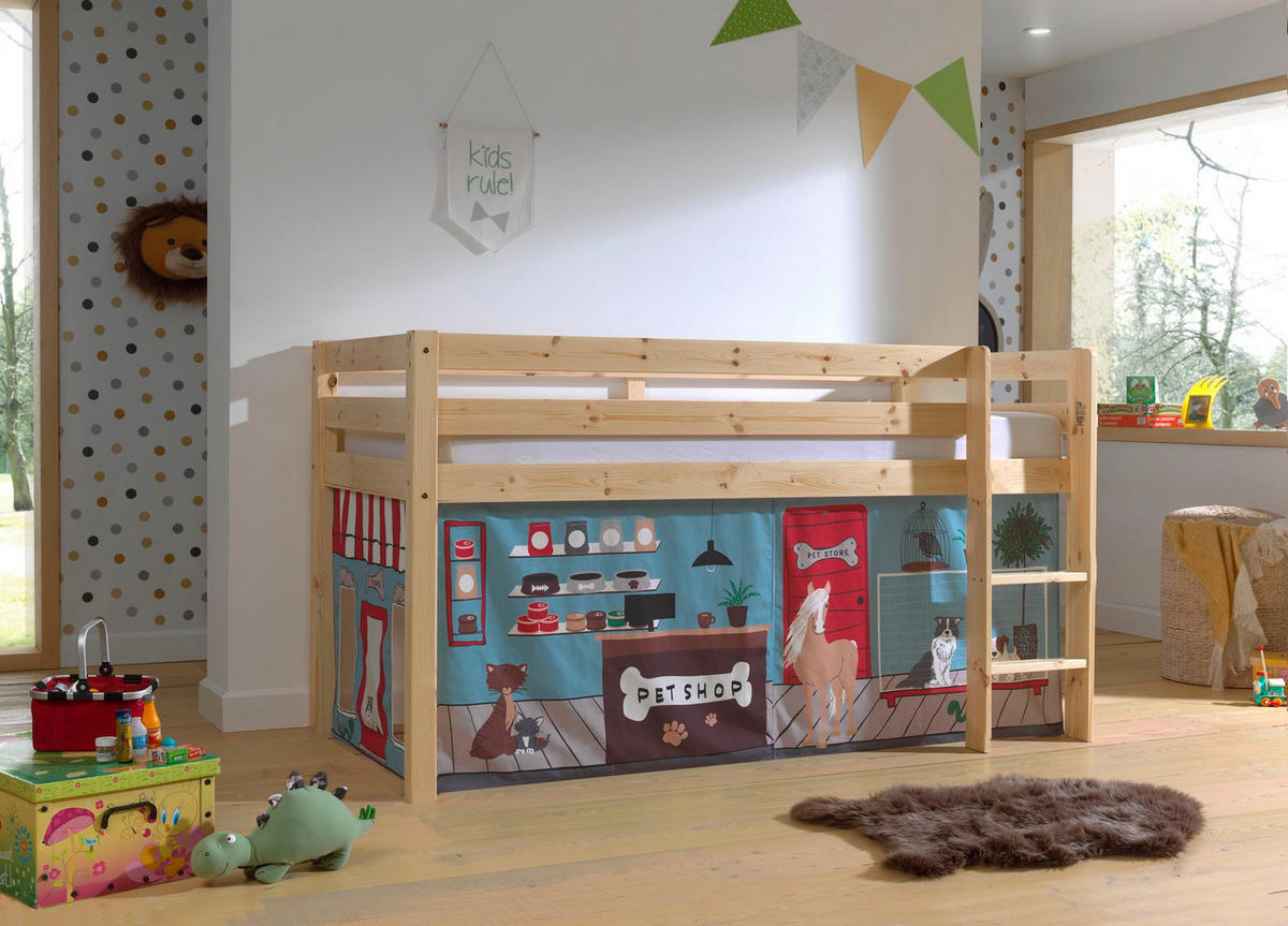 KINDERBETT Karolina 210x114x106 Massivholz Natur Textilset Pet Shop - Blaugrau/Kieferfarben, Holz (90/200cm) - 58aufmkessel