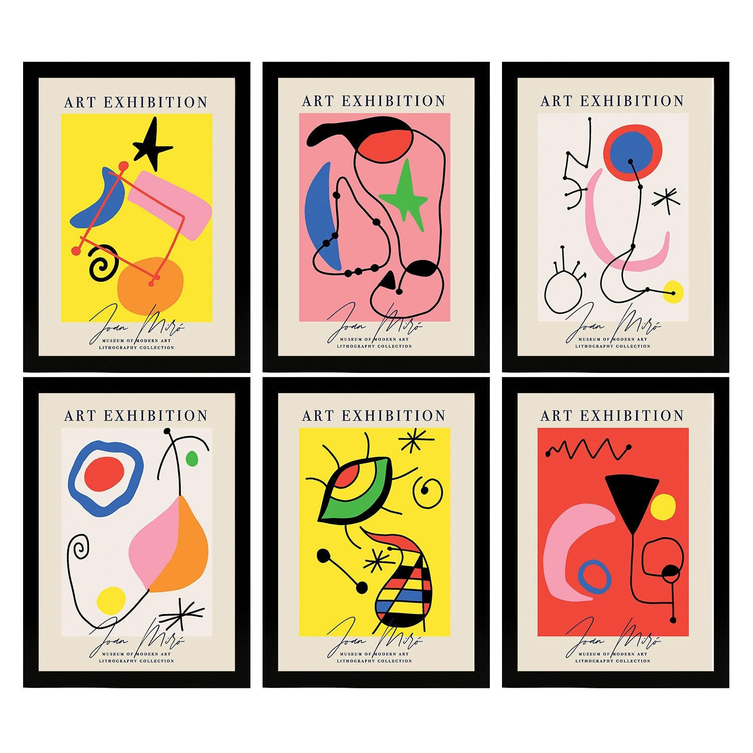 POSTER Set Mit 6 Illustrationen Von Joan Miró A3 Schwarzer Rahmen - Schwarz, Papier (29/3cm) - Nacnic