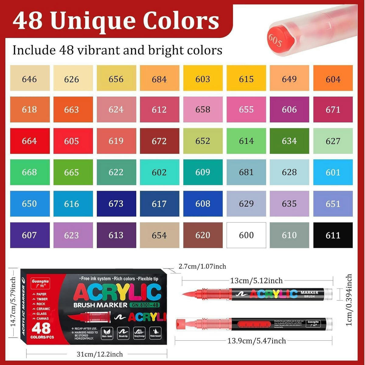 ACRYLSTIFTE 48er Set mit flexibler Pinselspitze - Multicolor, Kunststoff (2.6/14/31cm)