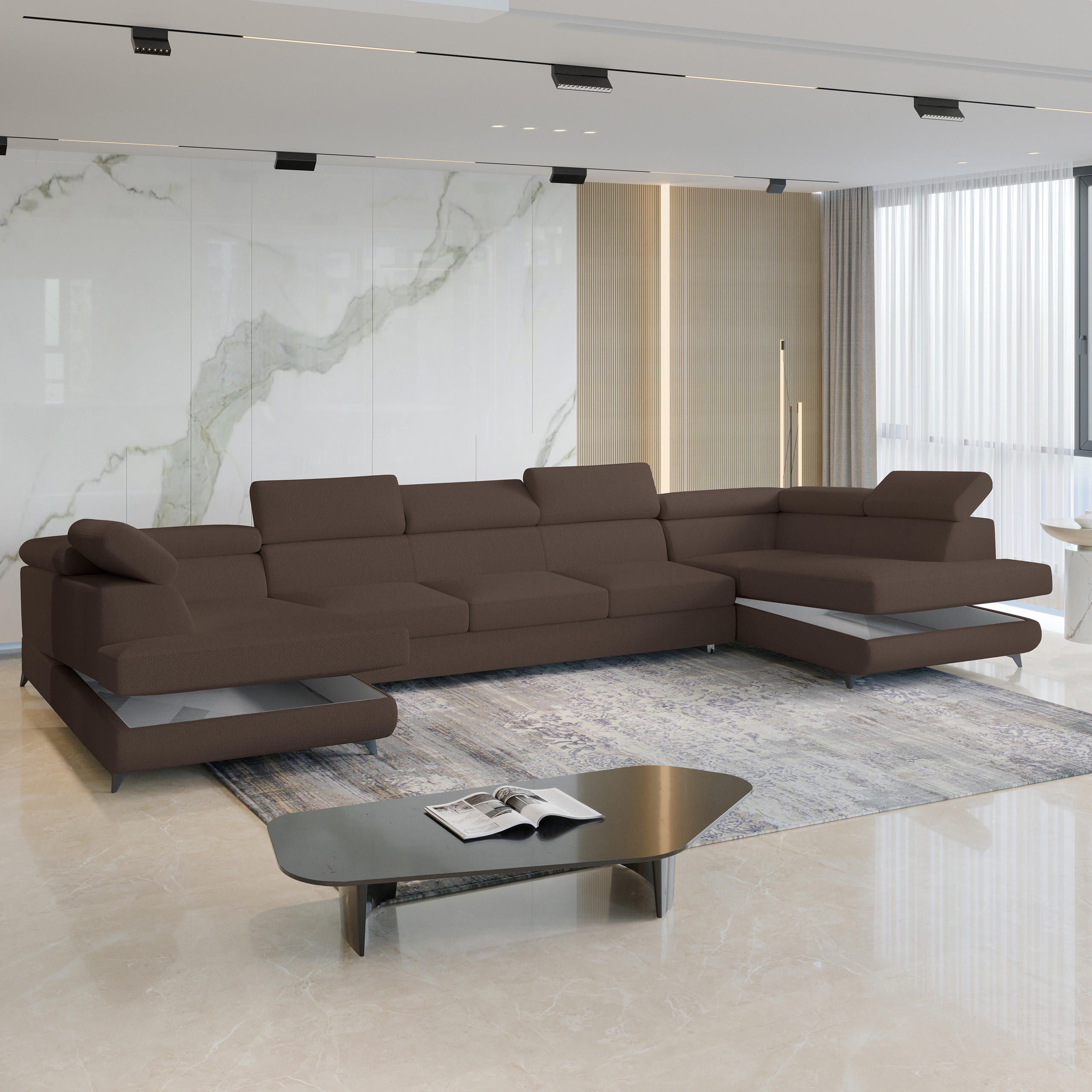 WOHNLANDSCHAFT URMANO Braun Boucle-Stoff mit Schlaffunktion - Braun, Holz (395/89/190cm) - MASSENO