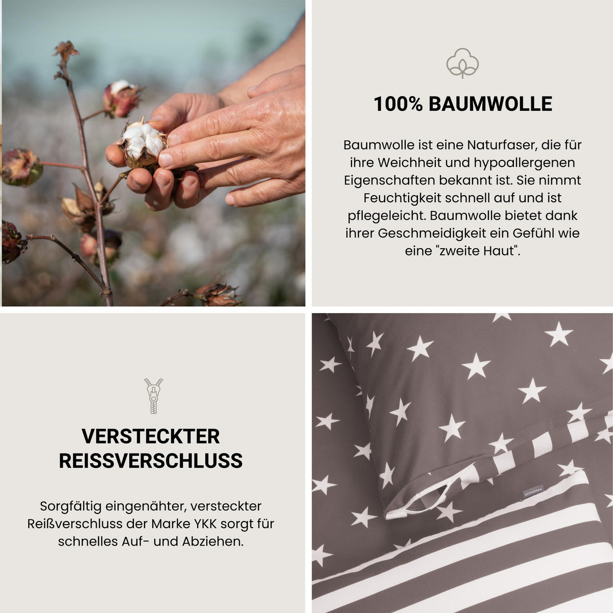 BETTWÄSCHESET Sterne - Feinbiber - 2-teilig - 155 x 220 cm - Taupe - Taupe, Textil (155/220cm) - SCHIESSER