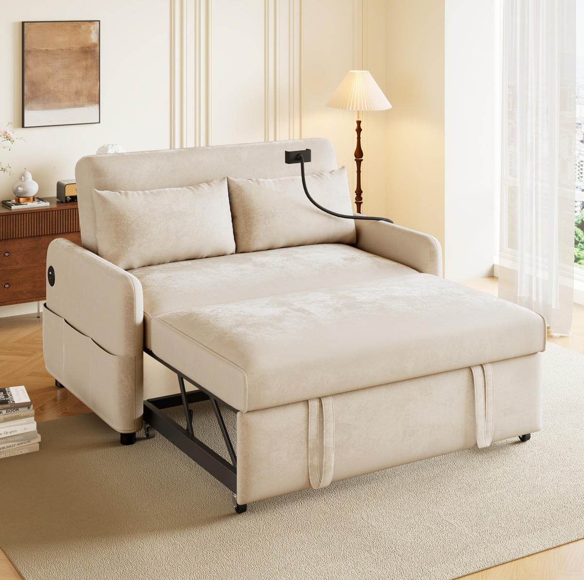 SCHLAFSOFA aus Chenille 129x76x81 cm Beige mit Schlaffunktion, USB-Anschluss, verstellbarer Rückenlehne und Seitentaschen - Beige, Textil (76/81/129cm) - Modfu