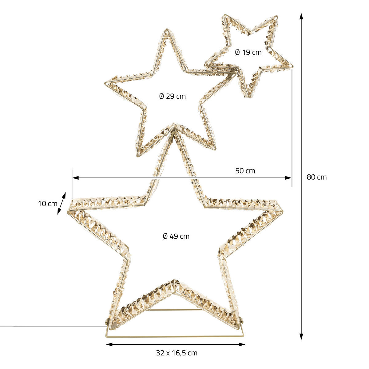 3X DEKO WEIHNACHTSSTERNE übereinander 80cm 350 LED Warmweiß Gold - Goldfarben, Metall (50/80/16.5cm) - ECD-Germany