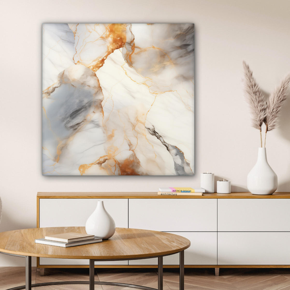 LEINWANDBILD Marmor - Grau - Gold 90x90 cm - Weiß, Textil (90/90cm) - MuchoWow