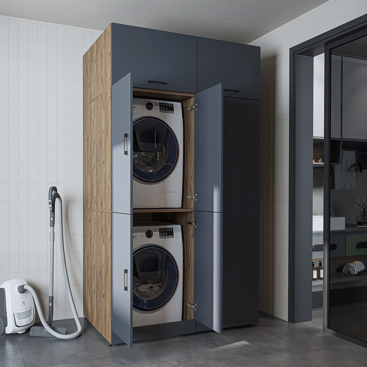 WASCHMASCHINENSCHRANK DORA-II 130cm Breit, 230cm Hoch - Anthrazit, Holzwerkstoff (130/230/73.8cm)