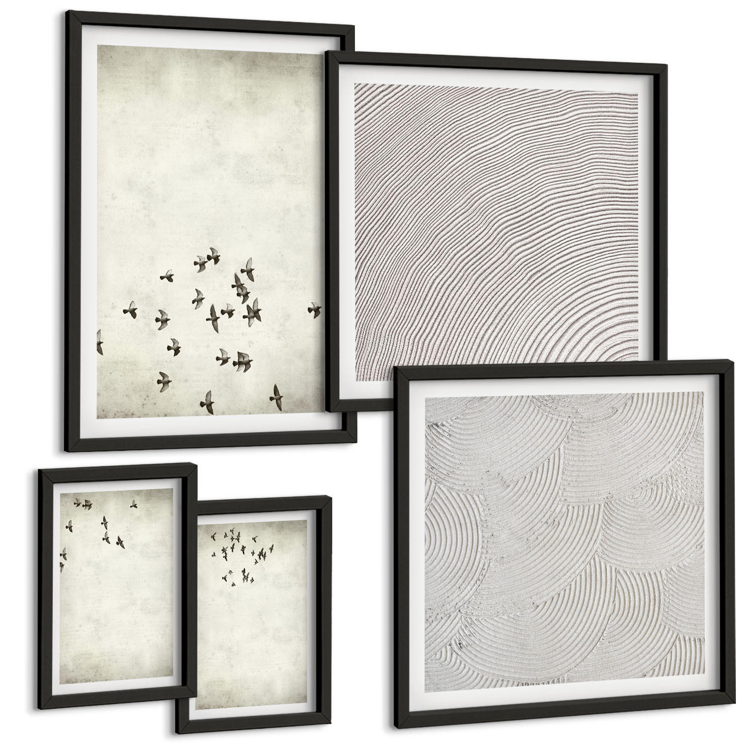BILDER SET 5er Set - 50x50 cm & 20x30 cm & 40x60 cm Schwarzer Rahmen - Minimalistische Vogelmalerei - Schwarz, Kunststoff (40/60cm) - TULUP
