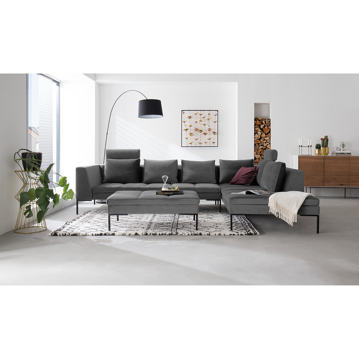 ECKSOFA mit Ottomane - Schwarz/Grau, Textil/Metall (319/230cm) - home24