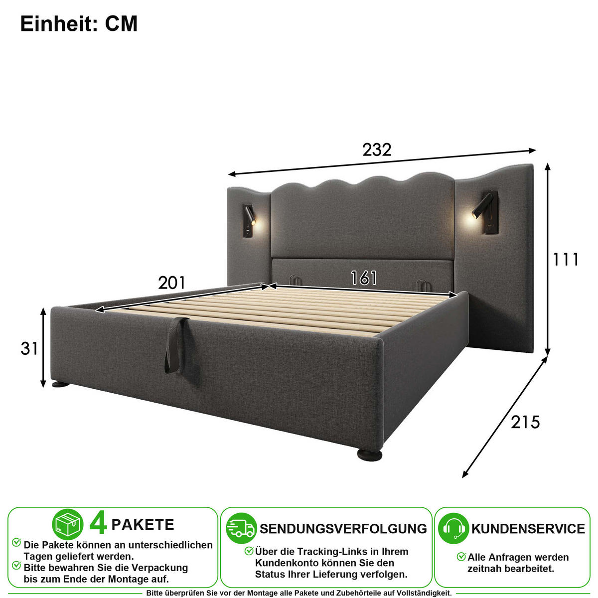 POLSTERBETT 160/200 cm in Grau Leinen mit Stauraum, Leselampe und Matratze - Grau, Holzwerkstoff/Textil (160/200cm) - CHICFURN