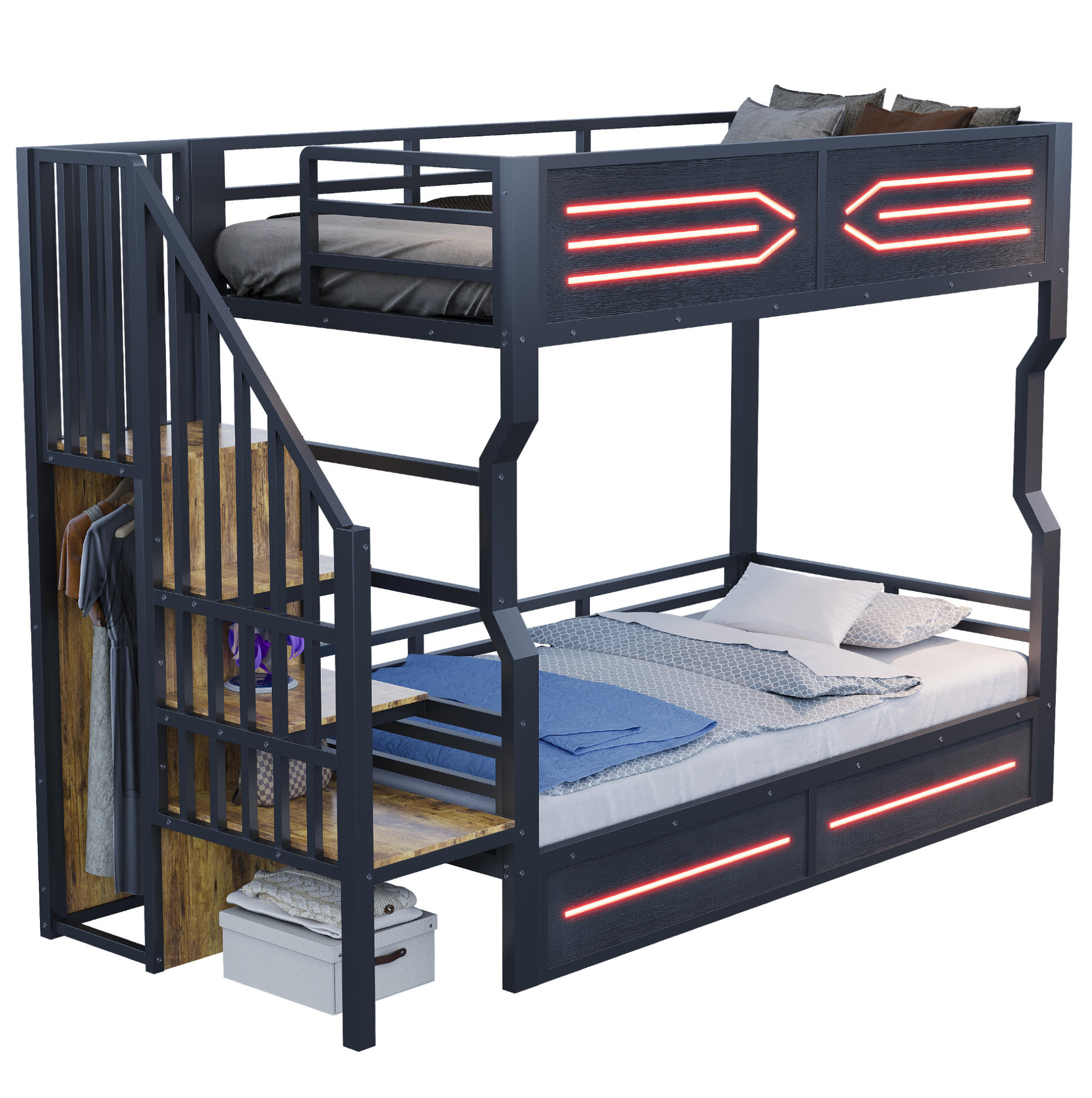 ETAGENBETT 90/200 cm schwarz aus Metall und MDF mit Stauraumtreppe und LED - Schwarz, Metall (90/200cm) - OKWISH