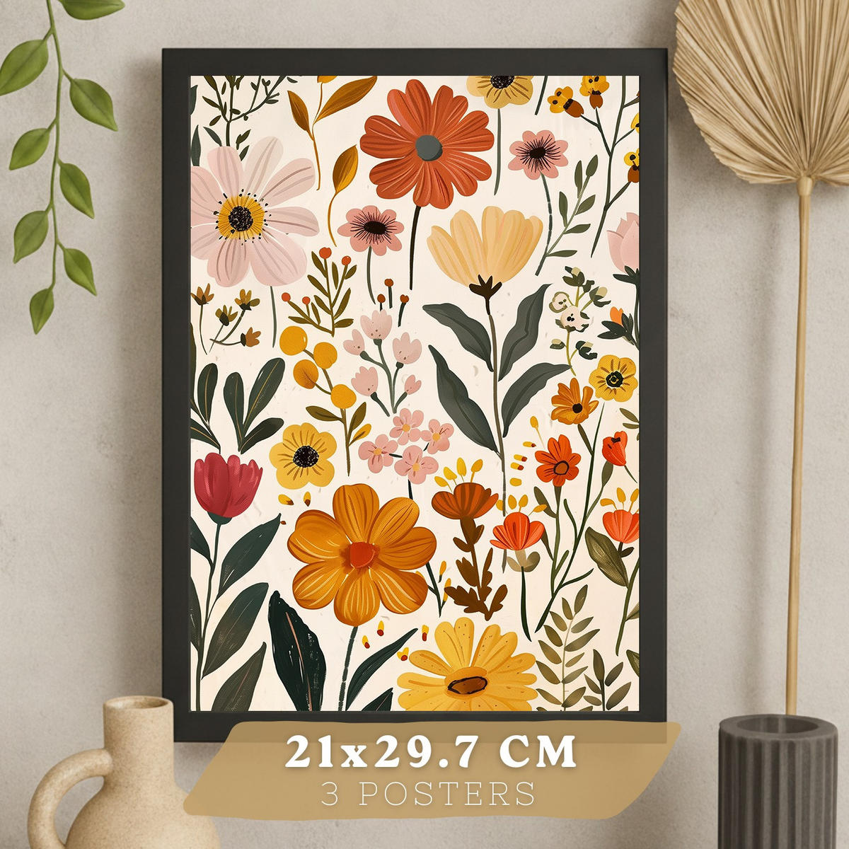 PLAKAT Sada 3 tisků akvarelových květin. Nástěnné umění Barevné botanické minimalistické plakáty s divokými květinami do Obývacího pokoje A3 Černý rám - černá, papír (29.7/42/3cm) - Nacnic