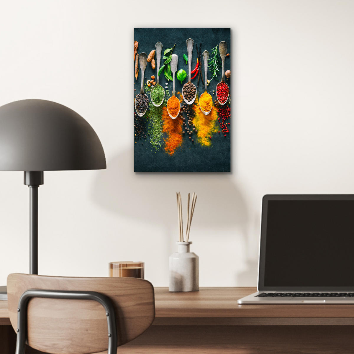 KOVOVÝ OBRAZ Bylinky - korenie - lyžičky 20x30 cm - kari žltá, kov (20/30cm) - MuchoWow