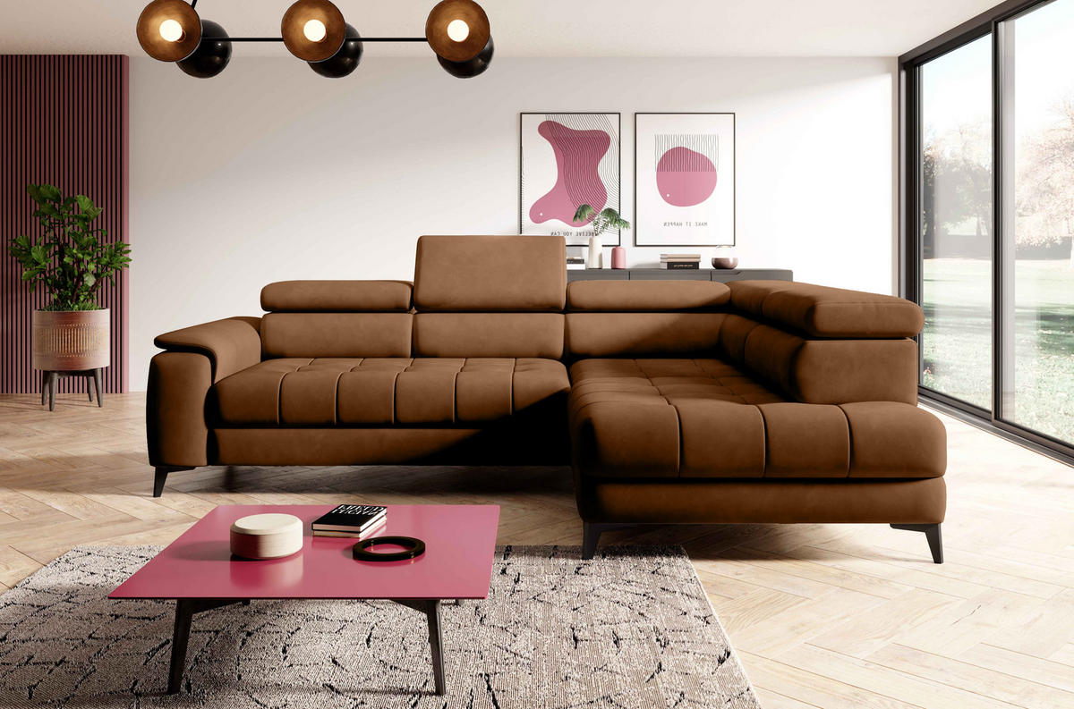 ECKSOFA CHIVAS Freistehend , Schlaffunktion, 278×197×76/98 cm, Stoff - Element, Hellbraun, Rechts Seite - Hellbraun/Schwarz, Holz/Textil (197/278cm) - DomoHome